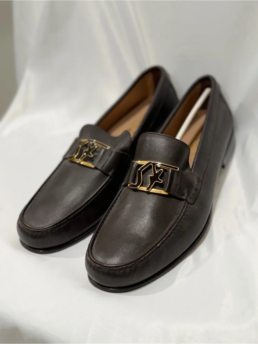 Salvatore Ferragamo Brown Leather Loafers with Gold Logo Hardware